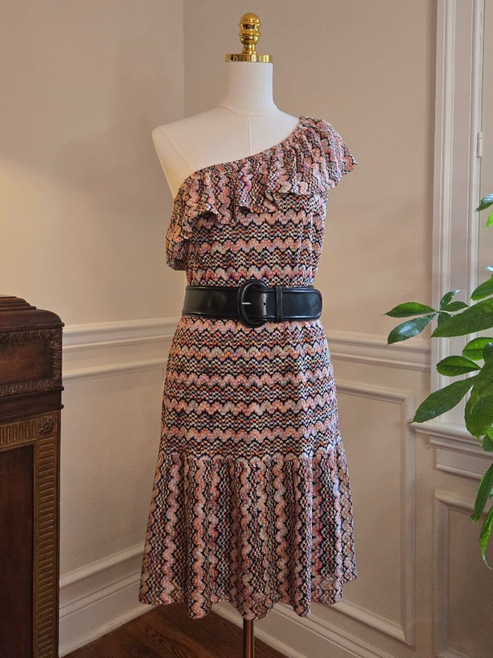Trina Turk One-Shoulder Rainbow Crochet Knit Dress Ruffle Tier